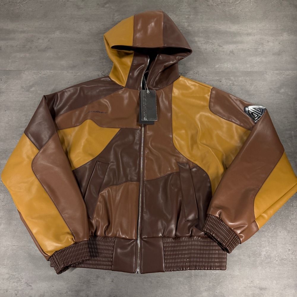 Cold Culture Route Jacket M Brown Colorblock Hooded Bomber $189 Vegan Leather